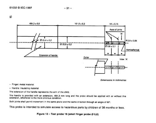 IEC61032 Bezpieczeństwo dzieci Mała sonda palcowa 19